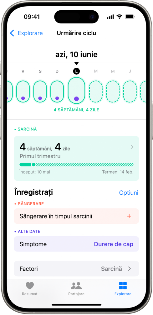 Ecranul Urmărire ciclu cu cronologia unei sarcinii pentru o săptămână în partea de sus a ecranului. Ovalele verde-deschis și punctele violet marchează primele 5 zile din cronologie. Ovalele verde-deschis punctate marchează celelalte zile ale cronologiei. Sub cronologie se află rezumatul sarcinii, afișând vârsta gestațională, data începerii și data estimată a nașterii. Sub rezumatul sarcinii sunt opțiuni pentru adăugarea de informații despre sângerarea în timpul sarcinii, simptome și altele.
