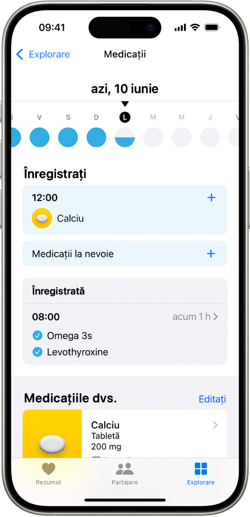 Ecranul Medicații din Sănătate afișând data și un jurnal pentru medicamente.
