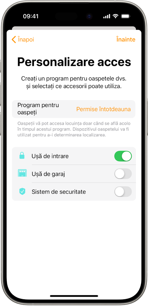 Ecranul Personalizare acces din aplicația Locuință. În partea de sus a ecranului se află Program pentru oaspeți, iar dedesubt sunt accesoriile pe care oaspetele le poate accesa sau nu.