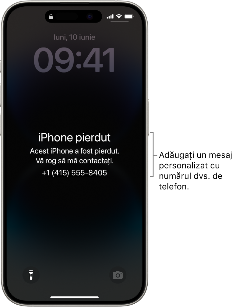 Ecranul de blocare al unui iPhone cu un mesaj de iPhone pierdut. Puteți adăuga un mesaj personalizat alături de numărul dvs. de telefon.