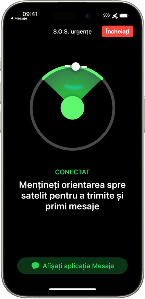 Ecranul S.O.S. urgențe indicând faptul că telefonul este conectat și instruind utilizatorul să mențină orientarea spre satelit. Butonul “Afișați mesajele” este în partea de jos a ecranului.
