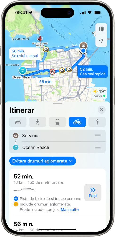 O hartă afișând opțiuni de rute pentru biciclete. Fișa rutei din partea de jos oferă detalii, inclusiv timpul estimativ de deplasare, diferențele de nivel și tipurile de drumuri. Butonul Start apare în dreapta detaliilor.