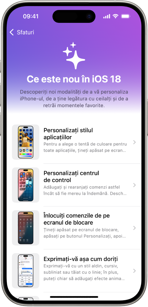 Un ecran care afișează o colecții de sfaturi, cu săgeți indicând faptul că puteți apăsa pe o colecție pentru a afișa sfaturile din ea.