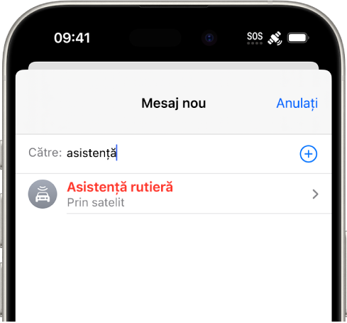 Un mesaj nou este adresat către “asistență”. Dedesubt se află un link spre Asistență rutieră prin satelit.