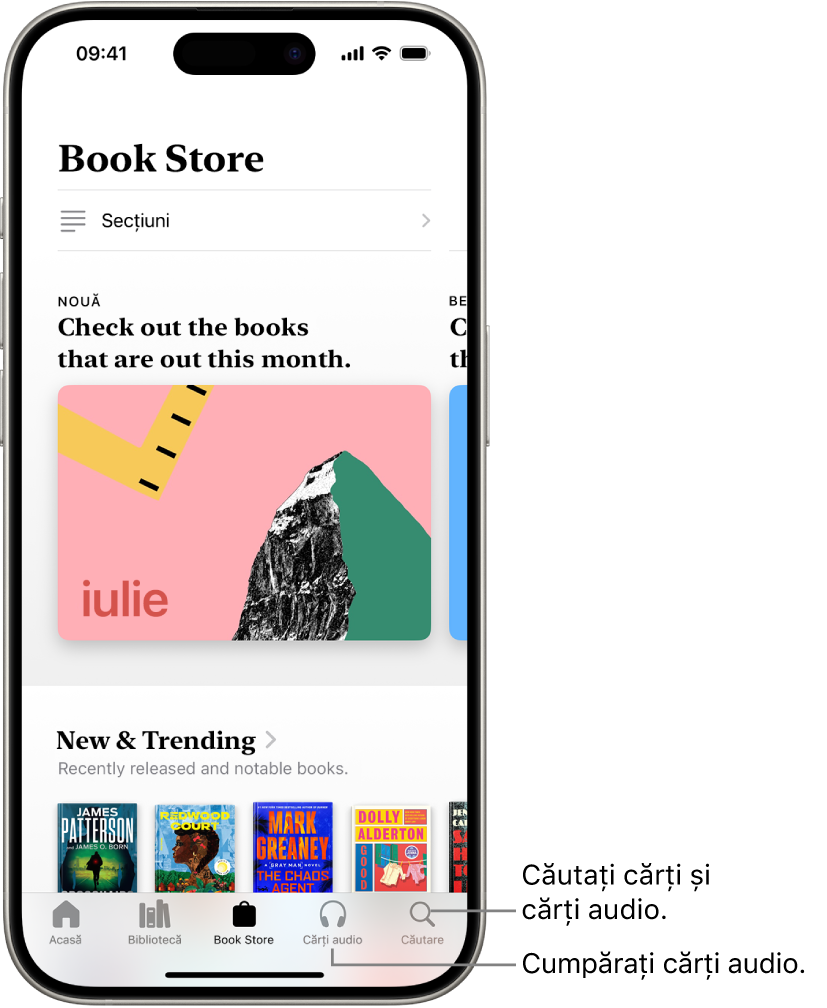 Ecranul Book Store din aplicația Cărți. În partea de jos a ecranului, de la stânga la dreapta, se află filele Acasă, Bibliotecă, Book Store, Cărți audio și Căutare. Fila Book Store este selectată.