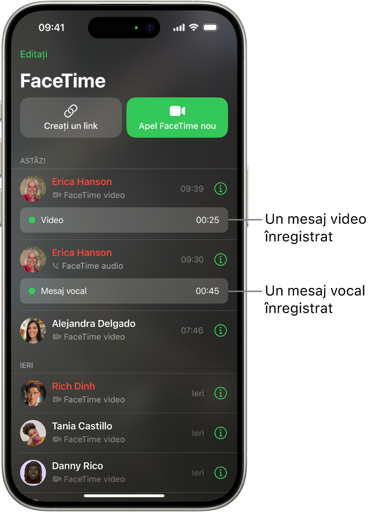 Istoricul apelurilor FaceTime, cu linkuri spre un mesaj video înregistrat și un mesaj vocal.