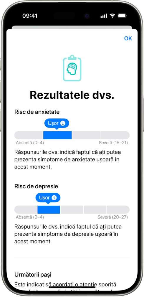 Un ecran din aplicația Sănătate afișând rezultatele unui chestionar pentru sănătatea mintală.