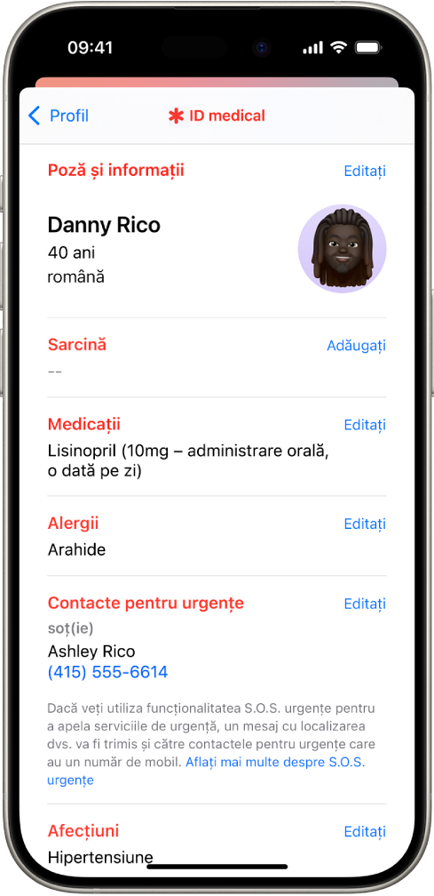 Ecranul unui ID medical cu informații despre data nașterii, medicații, alergii, contacte pentru urgențe și afecțiuni medicale.