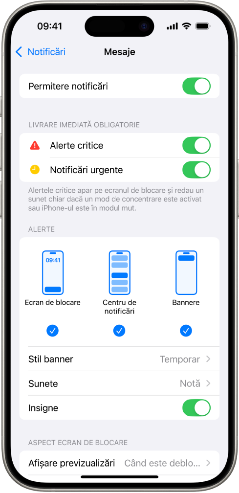 iPhone cu configurările Mesaje pentru notificări și alerte.