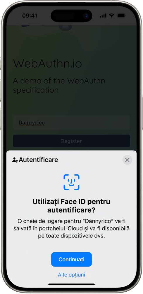 Jumătatea de jos a iPhone‑ului oferă opțiunea de a utiliza chei de logare pentru autentificarea pe un site web. Acesta are un buton Continuați pentru salvarea unei chei de logare și un buton Alte opțiuni.