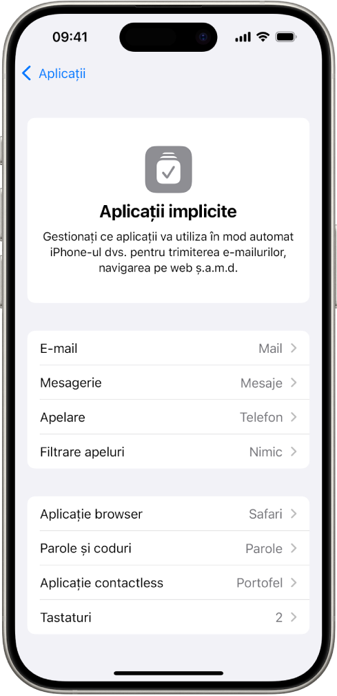 Ecranul pentru schimbarea aplicațiilor implicite pentru trimiterea e-mailurilor, navigarea pe web etc.