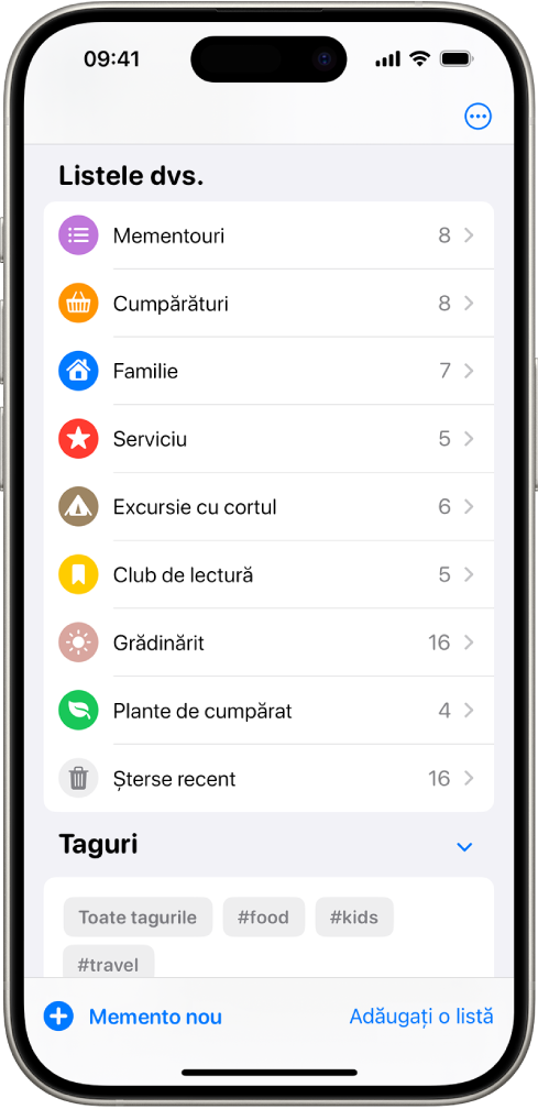 Un ecran Mementouri afișând mai multe liste și browserul de taguri în partea de jos.