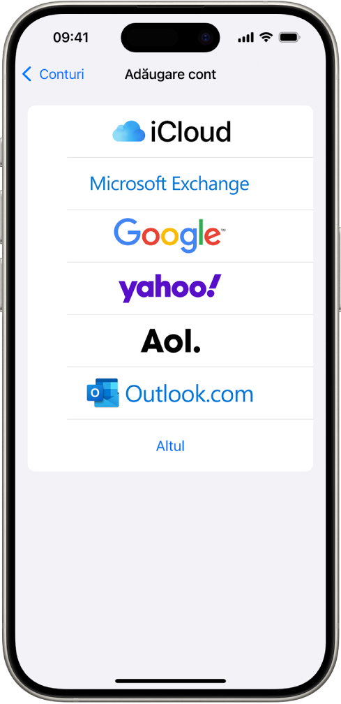 Ecranul Adăugați un cont cu opțiuni de a selecta iCloud, Microsoft Exchange, Google, Yahoo, AOL și Altul.