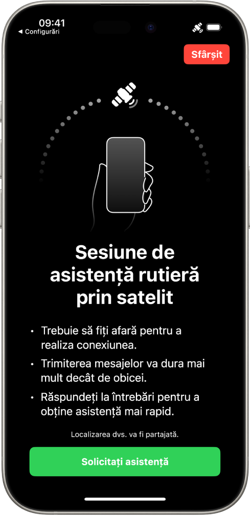 Ecranul de asistență rutieră prin satelit. Butonul “Solicitați asistență” este în partea de jos a ecranului.