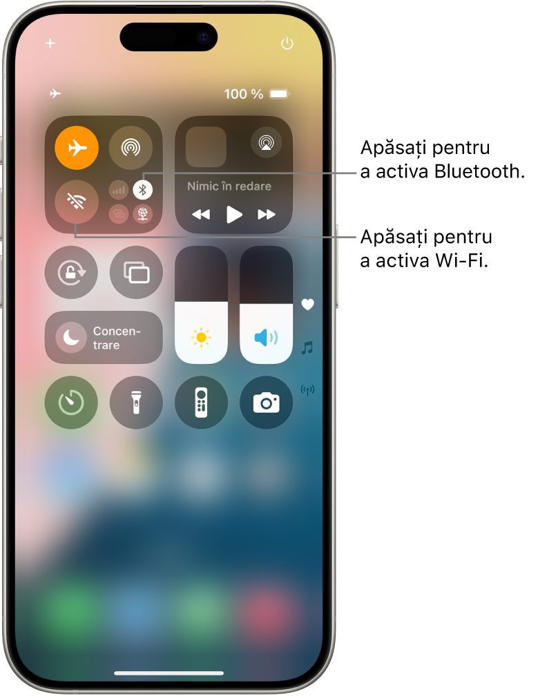 Centrul de control cu modul Avion activat, indicând că Wi-Fi și Bluetooth sunt dezactivate. Butoanele pentru activarea conexiunilor Wi-Fi și Bluetooth se află în apropierea colțului din stânga sus al centrului de control.