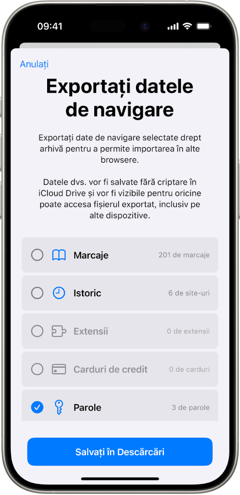 Ecranul Exportați datele de navigare, cu opțiunea Parole selectată pentru exportarea în alt gestionar de parole.