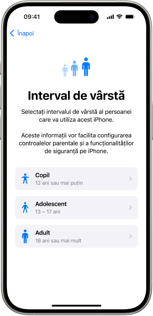 Ecranul de configurare Interval de vârstă. Trei intervale de vârstă apar în listă: Copil (12 ani sau mai puțin), Adolescent (între 13 și 17 ani) și Adult (18 ani sau mai mult).