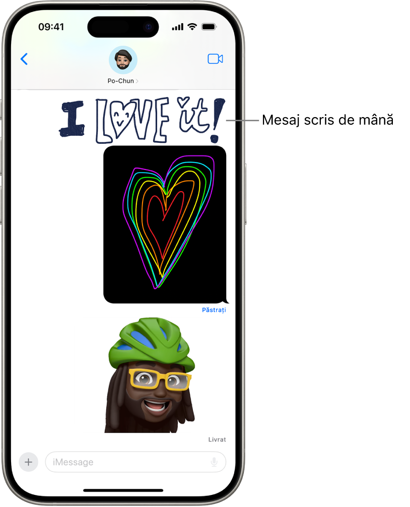 O conversație din Mesaje cu animații: un mesaj scris de mână, Digital Touch și un Memoji animat.