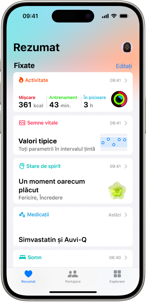 Ecranul Rezumat din Sănătate. Informații despre activitate, semne vitale, starea de spirit și medicații apar sub Fixate.