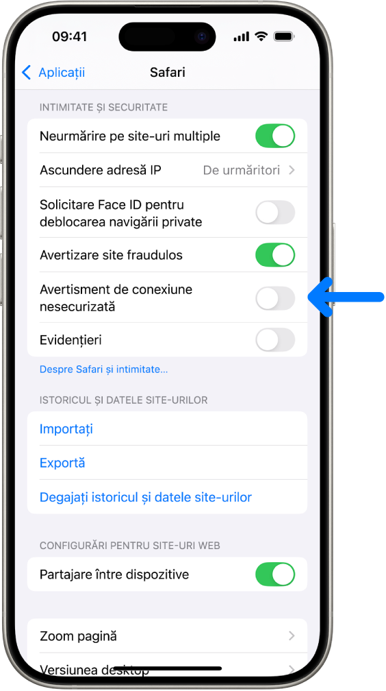 Comanda Avertisment de conexiune nesecurizată, aflată sub Intimitate și securitate, în ecranul Safari din Configurări.