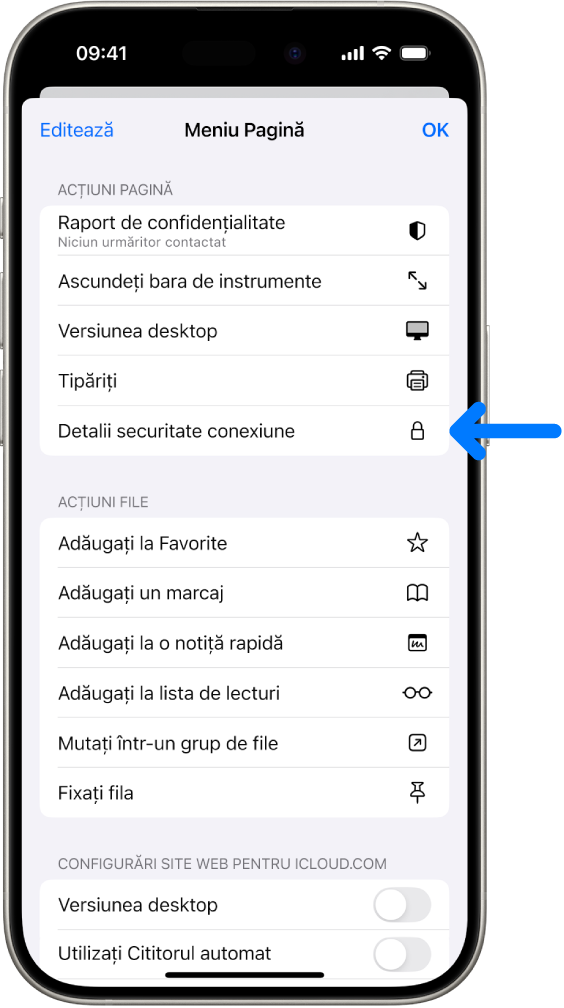 Meniul Configurări pagină este deschis în Safari, iar comanda Detalii securitate conexiune se află la mijlocul paginii.