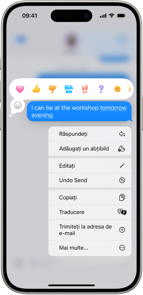 Un mesaj text în Mesaje cu opțiunile Anulați trimiterea și Editați vizibile. Restul conversației este estompat, cu excepția mesajului text selectat.
