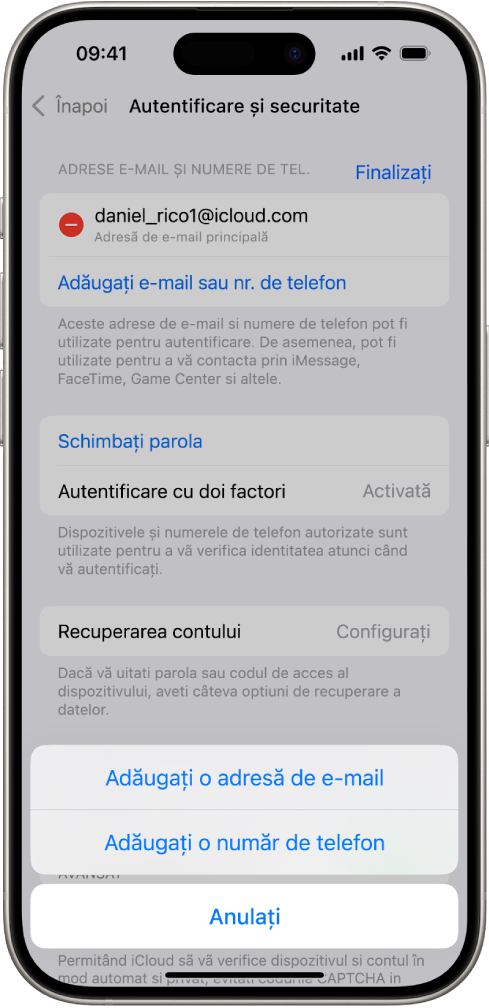 Ecranul Autentificare și securitate din Configurări.
