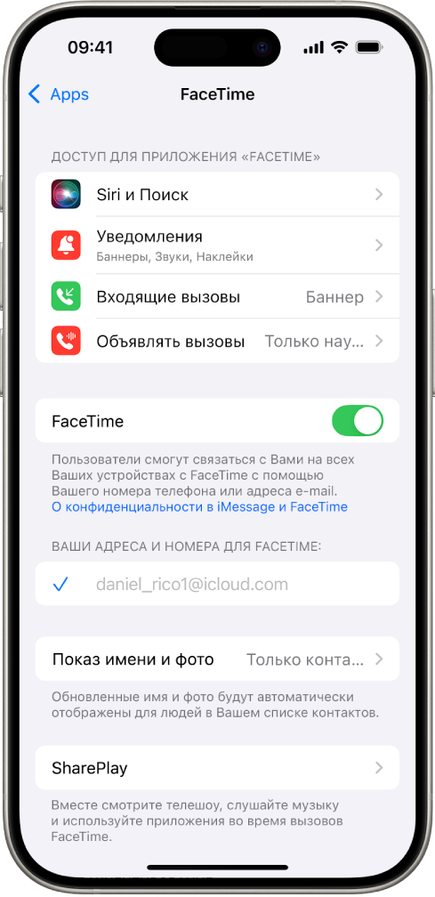 Экран настроек FaceTime, на котором показаны переключатель для включения и выключения FaceTime, а также поле с Вашим Аккаунтом Apple для FaceTime.