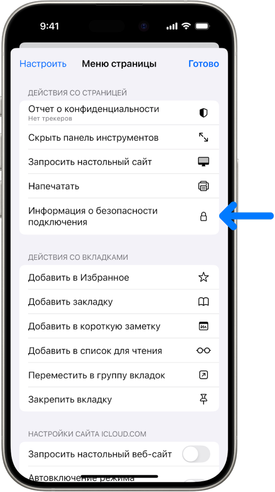 В Safari открыто меню настроек страницы; посередине страницы показан элемент управления «Информация о безопасности подключения».