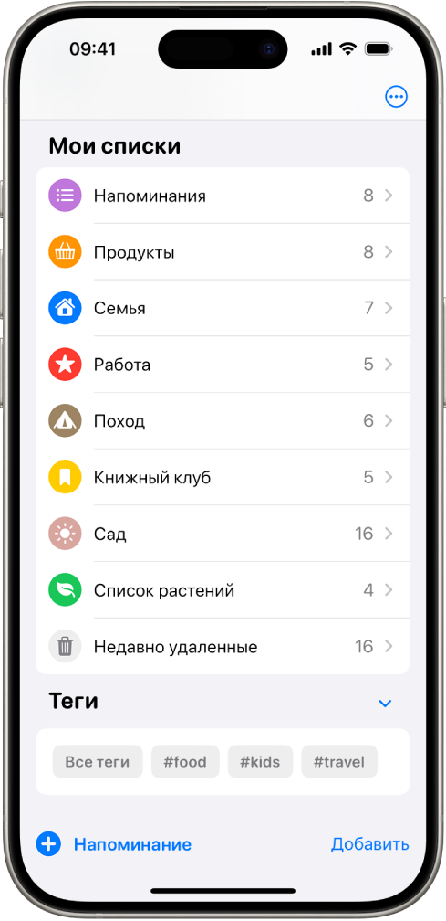 В приложении «Напоминания» отображаются несколько списков и параметр «Браузер тегов» внизу.