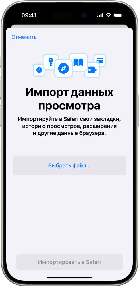 На экране «Импорт данных просмотра» показаны данные из другого браузера, готовящиеся к импорту в Safari.