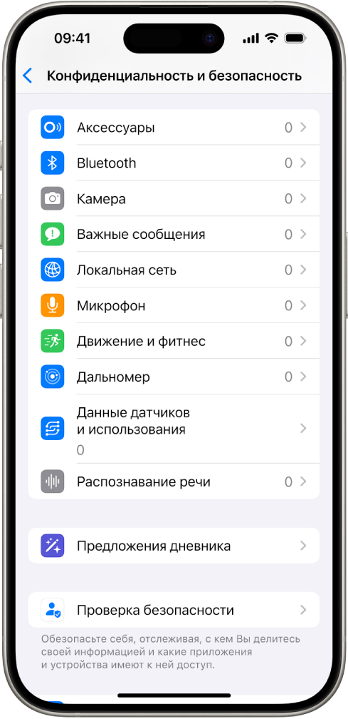 На экране «Конфиденциальность и безопасность» показаны настройки предоставления приложениям доступа к камере, микрофону и другим компонентам iPhone.
