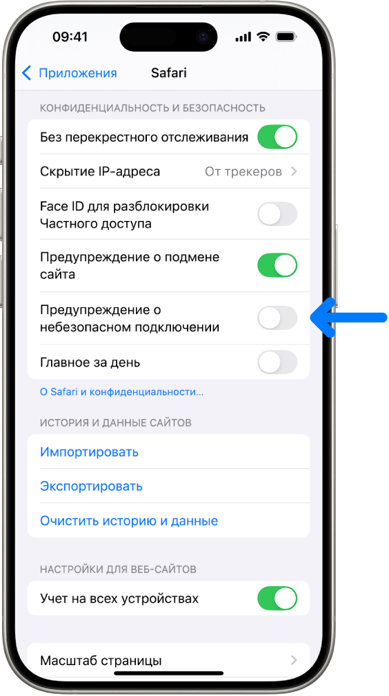 Показан элемент управления «Предупреждение о небезопасном подключении», расположенный в разделе «Конфиденциальность и безопасность» на экране Safari в Настройках.