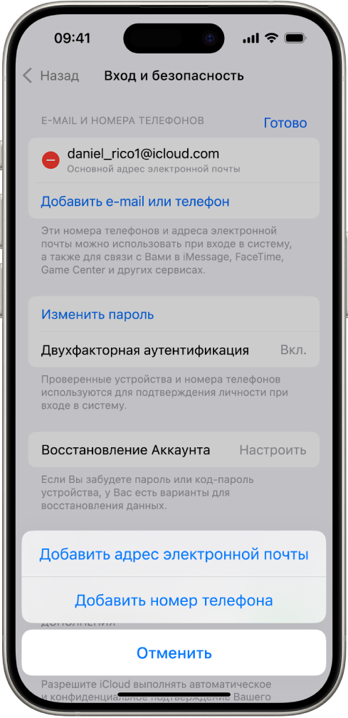 Экран «Вход и безопасность» в меню «Настройки».