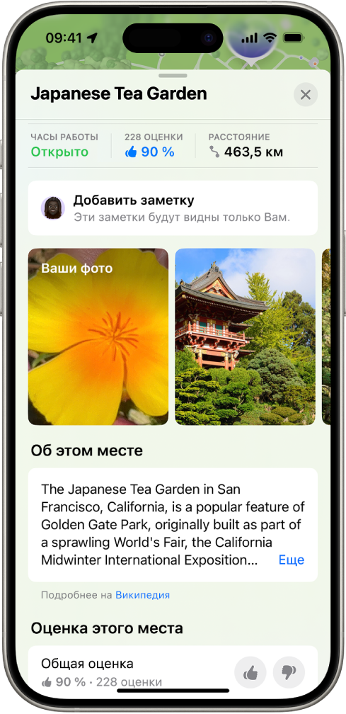 Карточка места с его рейтингом, фото и кнопками для добавления или просмотра фото и оценки места.