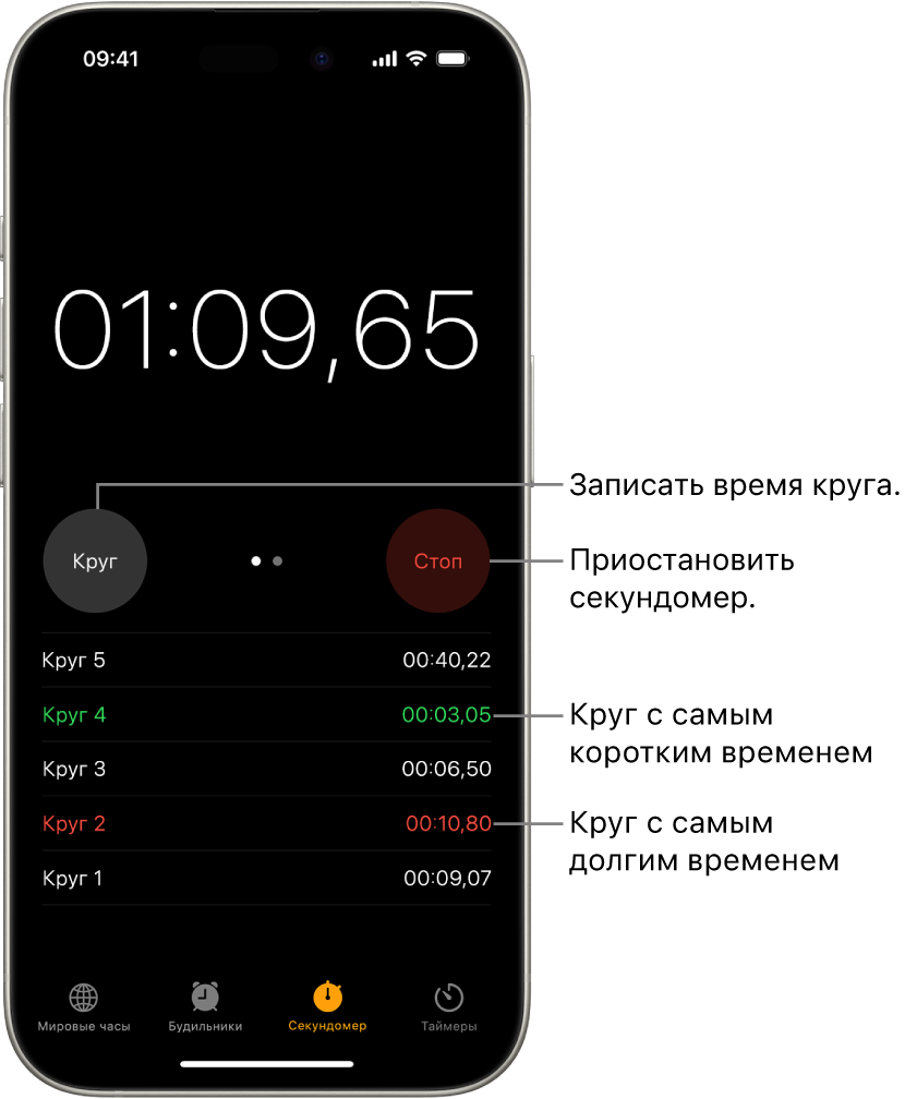 На секундомере в приложении «Часы» отображается общее время события, а под ним — несколько кругов в рамках этого события.