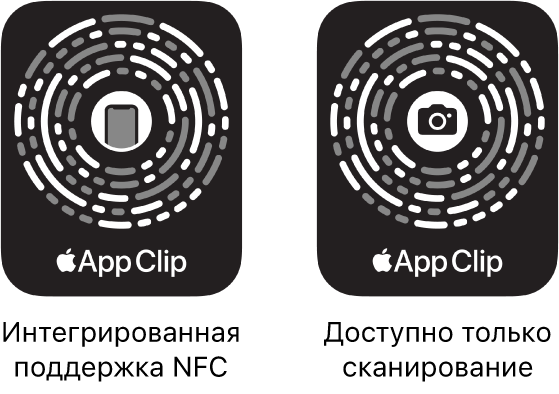 Слева показан код блиц-приложения, встроенный в NFC, со значком iPhone в центре. Слева показан код блиц-приложения, доступный только для сканирования, со значком камеры в центре.