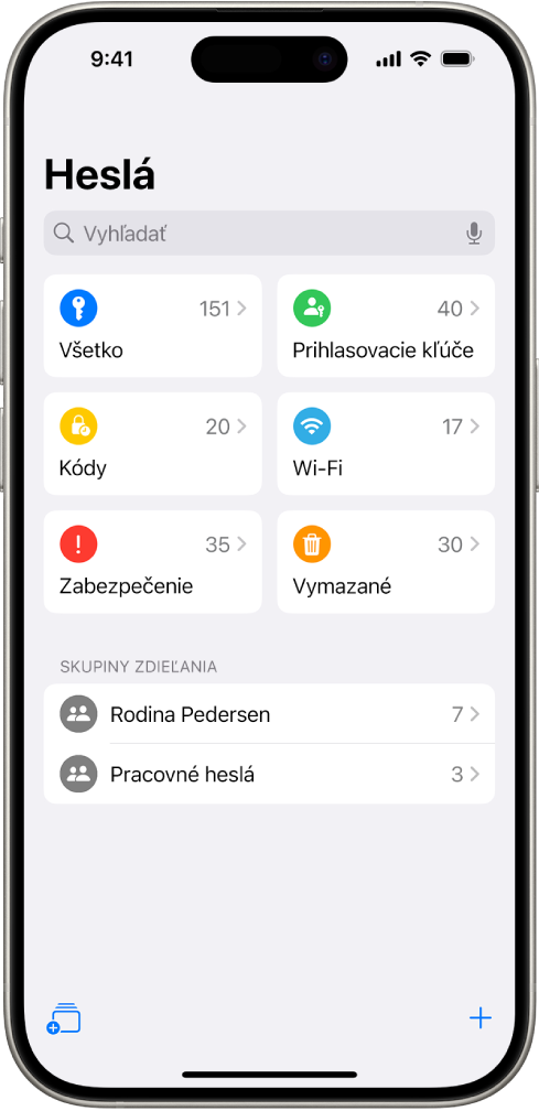 Plocha apky Heslá s tlačidlami Všetko, Prihlasovacie kľúče, Overovacie kódy, Wi-Fi, Bezpečnosť a Vymazané a so zoznamom Skupiny zdieľania.