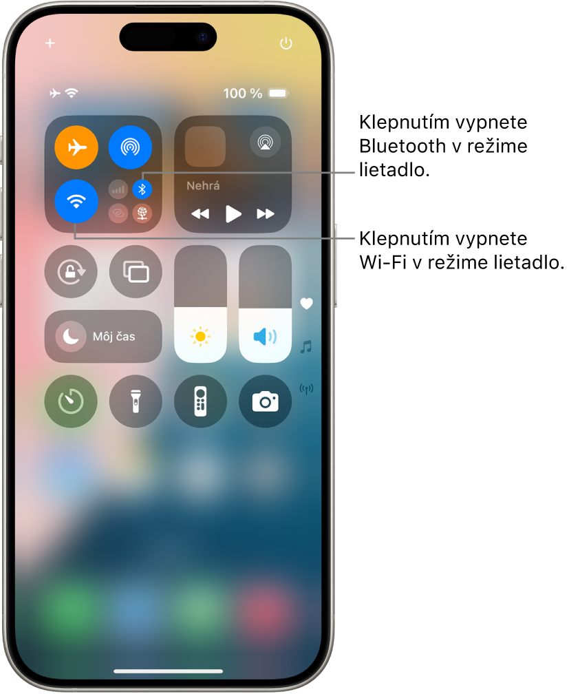 Ovládacie centrum iPhonu. Skupina ovládacích prvkov vľavo hore obsahuje tlačidlo režimu lietadlo (vľavo hore), tlačidlo Wi-Fi (vľavo dole) a tlačidlo Bluetooth (vpravo dole). Režim lietadlo, Wi-Fi aj Bluetooth sú zapnuté. Klepnutím na tlačidlo Bluetooth vypnete Bluetooth v režime lietadlo. Klepnutím na tlačidlo Wi-Fi vypnete Wi-Fi v režime lietadlo.
