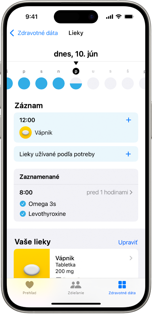Obrazovka Lieky v apke Zdravie s dátumom a záznamom užitia liekov.
