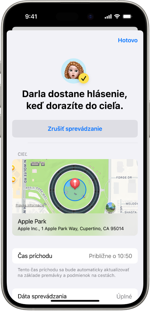 Obrazovka sprevádzania, na ktorej je uvedené, že priateľ dostane hlásenie o 14 minút. Nižšie sú možnosti na predĺženie času alebo zrušenie sprevádzania. V spodnej časti je mapa zobrazujúca aktuálnu polohu.