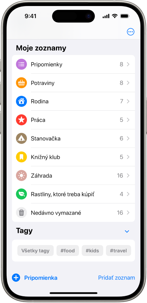 Obrazovka Pripomienky zobrazujúca niekoľko zoznamov a Prehliadač tagov v spodnej časti.