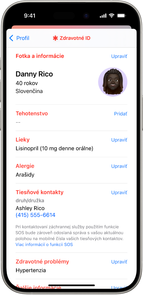 Obrazovka Zdravotné ID, ktorá obsahuje rôzne informácie, ako je napríklad dátum narodenia, lieky, alergie, tiesňové kontakty a zdravotný stav.