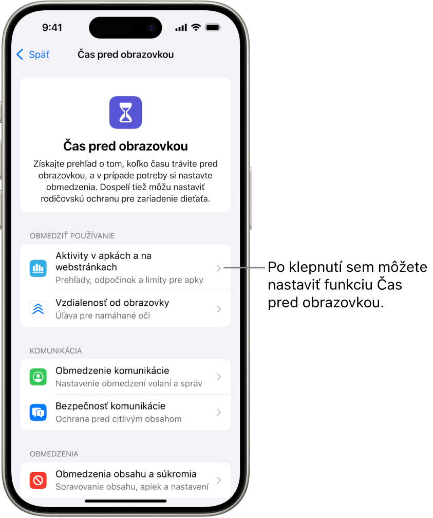 Obrazovka nastavenia funkcie Čas pred obrazovkou, na ktorej je uvedené, že máte začať klepnutím na Aktivity v apkách a na webstránkach.