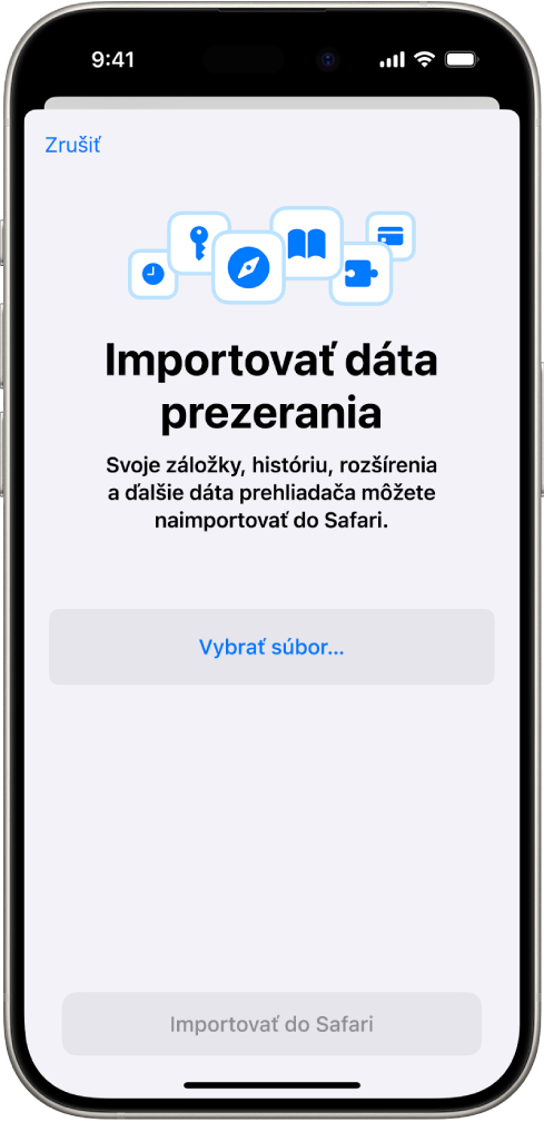 Obrazovka Importovať dáta prezerania s dátami z iného prehliadača, ktoré sa majú importovať do Safari.