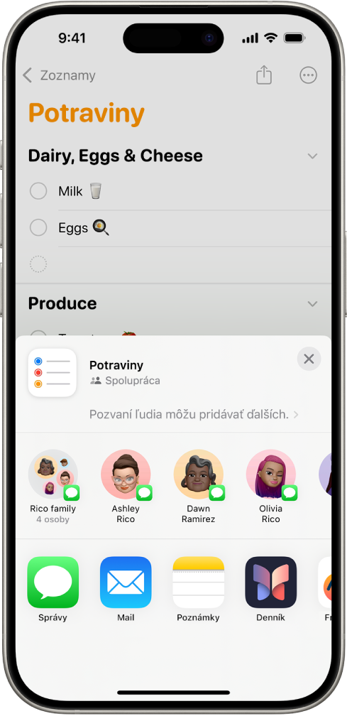 Apka Pripomienky zobrazujúca zoznam potravín s možnosťami zdieľania v spodnej časti.