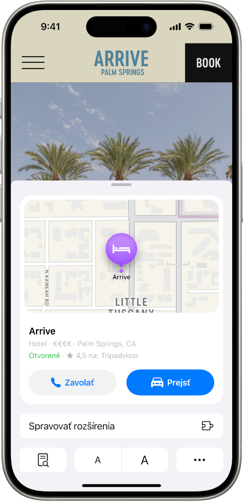 Apka Safari zobrazujúca zhrnutie k hotelovej destinácii v Palm Springs vrátane mapy, tlačidiel na zavolanie hotelu a navigačné pokyny, ako aj odkaz na rezerváciu izby.