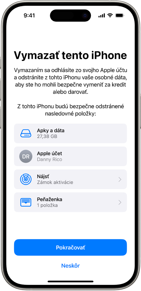 Obrazovka Vymazať tento iPhone.