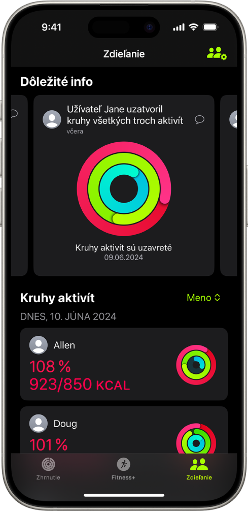 Okno zdieľania v apke Kondícia s kruhmi aktivity a najdôležitejšími aktivitami, ktoré sa zdieľajú medzi užívateľom a jeho priateľmi.