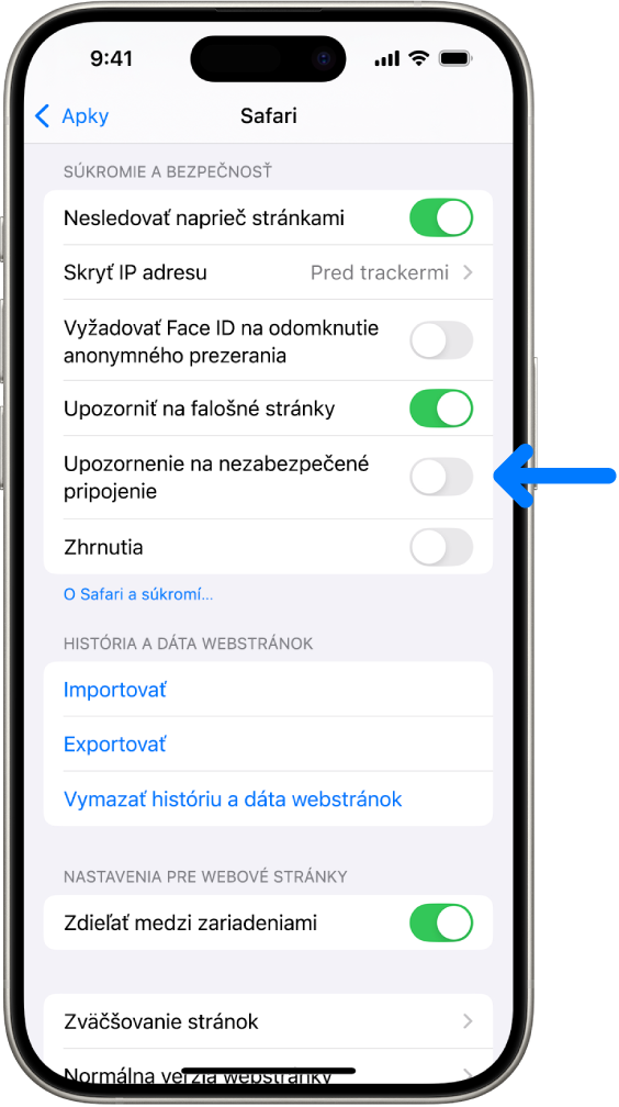 Ovládací prvok Upozornenie na nezabezpečené pripojenie v časti Súkromie a bezpečnosť na obrazovke Safari v Nastaveniach.